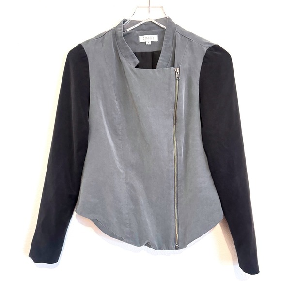 Barneys New York Jackets & Blazers - Barneys New York | Moto Women's Gray & Black Mixed Media Asymmetrical Zip Jacket